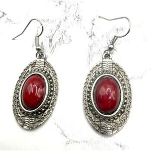 Vintage Style Silver Red Cabochon Dangle Earrings Boho Medallion